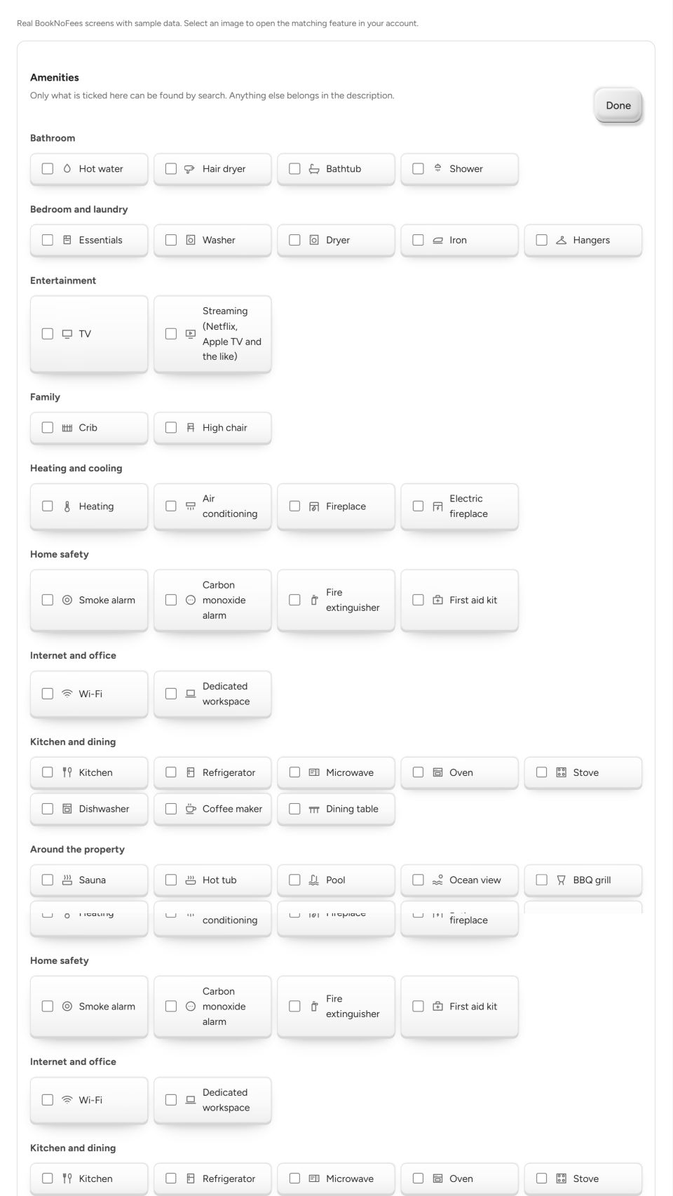 BookNoFees 介面:按區域劃分的設施