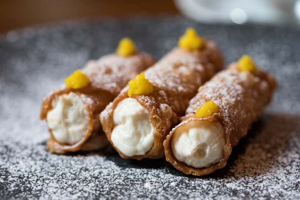BookNoFees: 示意圖：內餡綿密、表面撒有糖粉的卡諾利